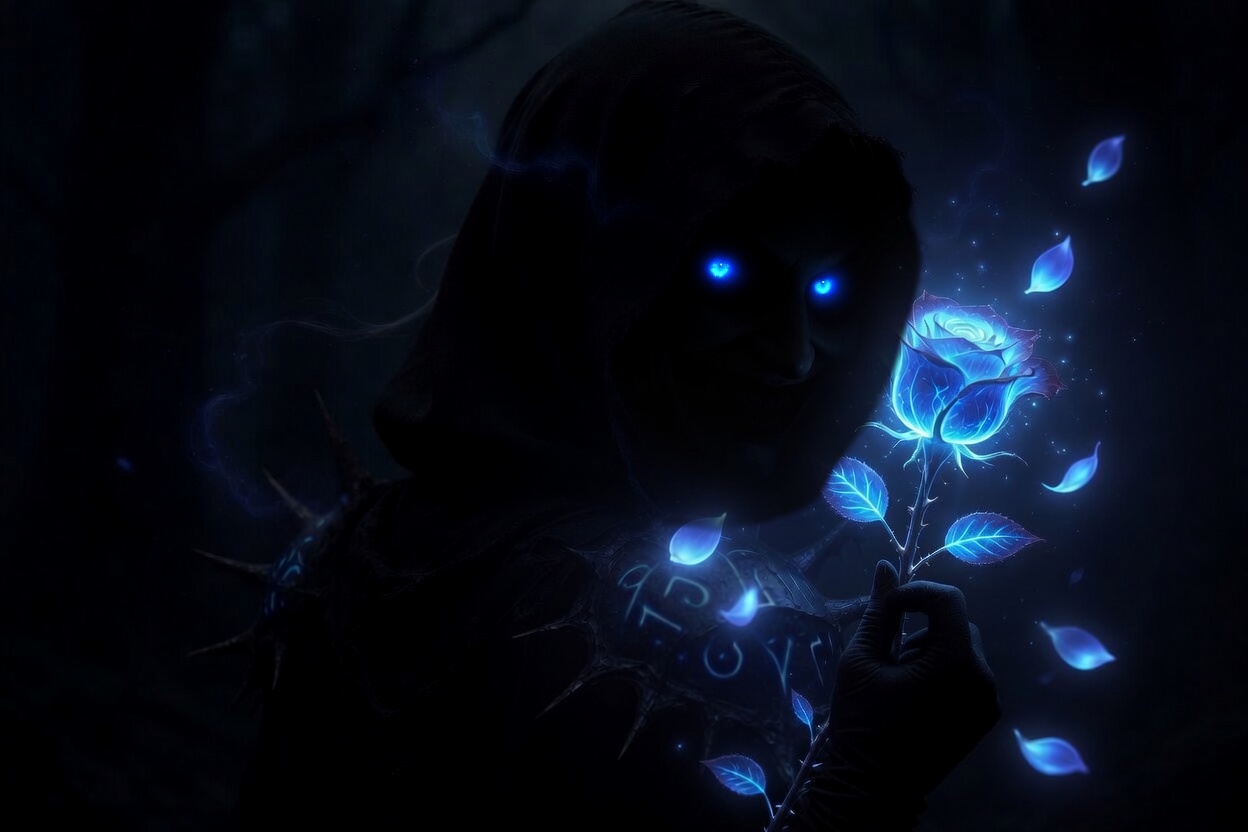 Een gedaante met gloeiende blauwe ogen houdt een lichtgevende blauwe roos vast
