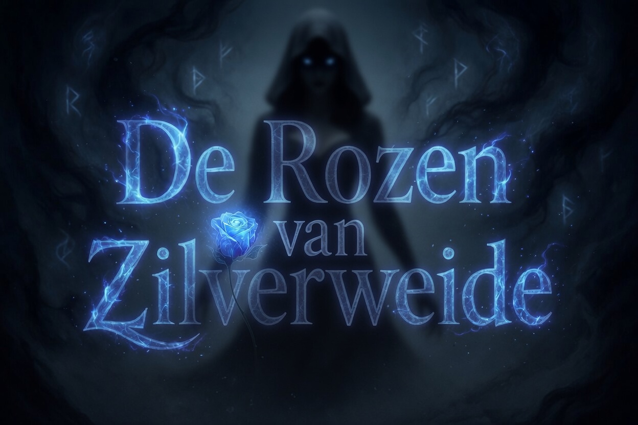 Titelbeeld met de tekst De Rozen van Zilverweide in blauw gloeiende letters, met daarachter een gedaante met lichtende ogen