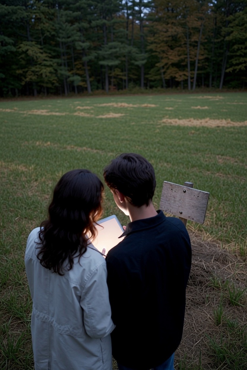 Twee spelers gebogen over één tablet in een veld in de schemering